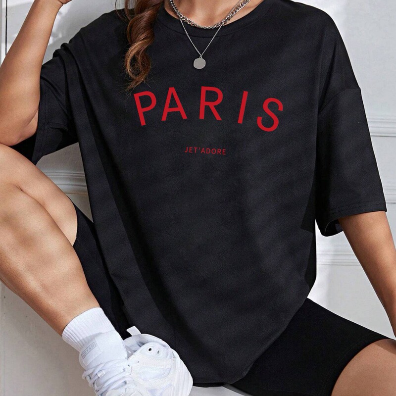 European and American women's casual black loose t-shirt round neck short sleeve women's letter printed simple sports top European and American women's casual black loose t-shirt round neck short sleeve women's letter printed simple sports top