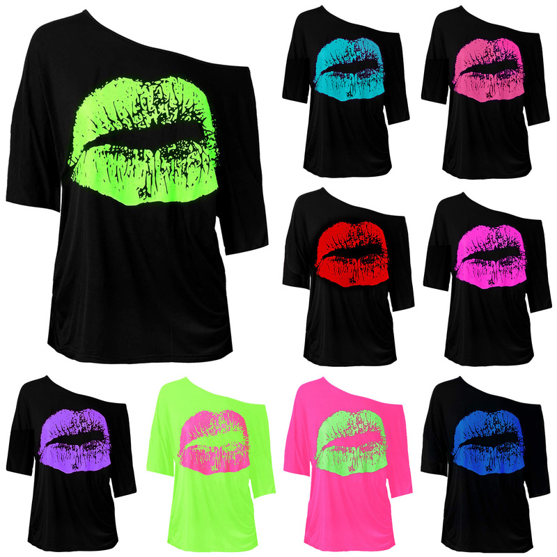 European and American Style Spring and Autumn Women's Retro Large Lip Print 80S Clothing Women's One-Shoulder Mid-Sleeve T-Shirt Tx002 European and American Style Spring and Autumn Women's Retro Large Lip Print 80S Clothing Women's One-Shoulder Mid-Sleeve T-Shirt Tx002
