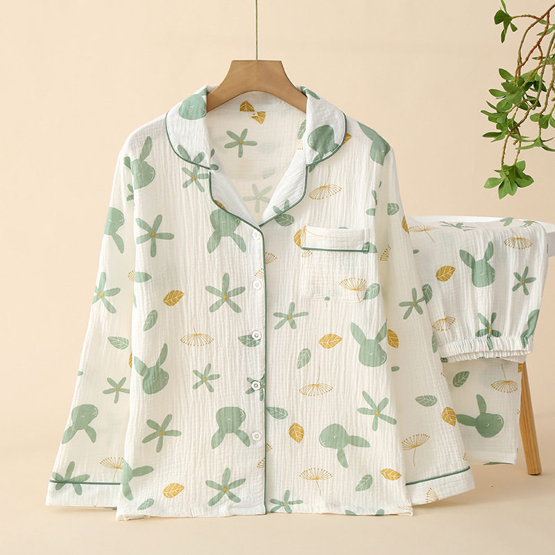 Pajamas for Women Spring & Fall 100% Pure Cotton Crepe Cartoon Lapel Cardigan Loose Soft Long-Sleeved Pants Home Wear Set Pajamas for Women Spring & Fall 100% Pure Cotton Crepe Cartoon Lapel Cardigan Loose Soft Long-Sleeved Pants Home Wear Set