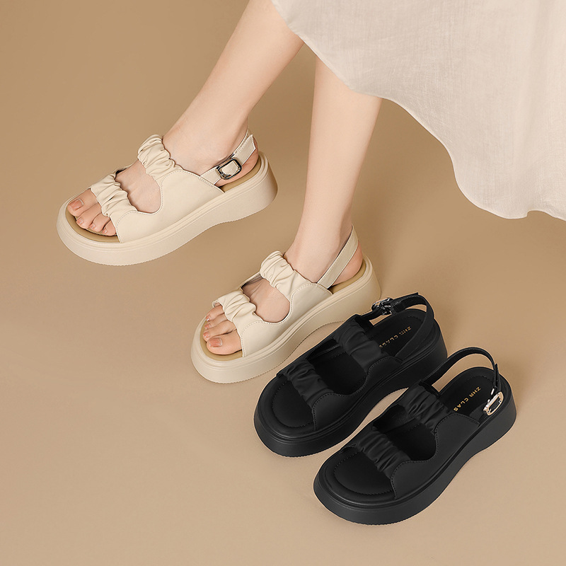 Sandal đế dày xếp ly nữ phong cách La Mã hở ngón đi biển — JF207P màu be