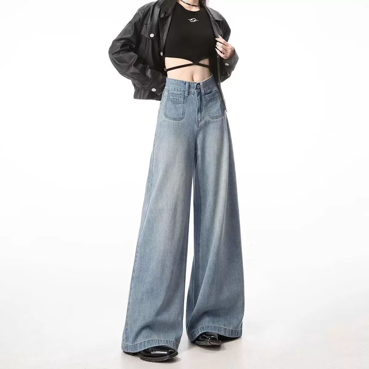 浅蓝色高腰阔腿牛仔裤女春秋新款宽松休闲显瘦直筒裤