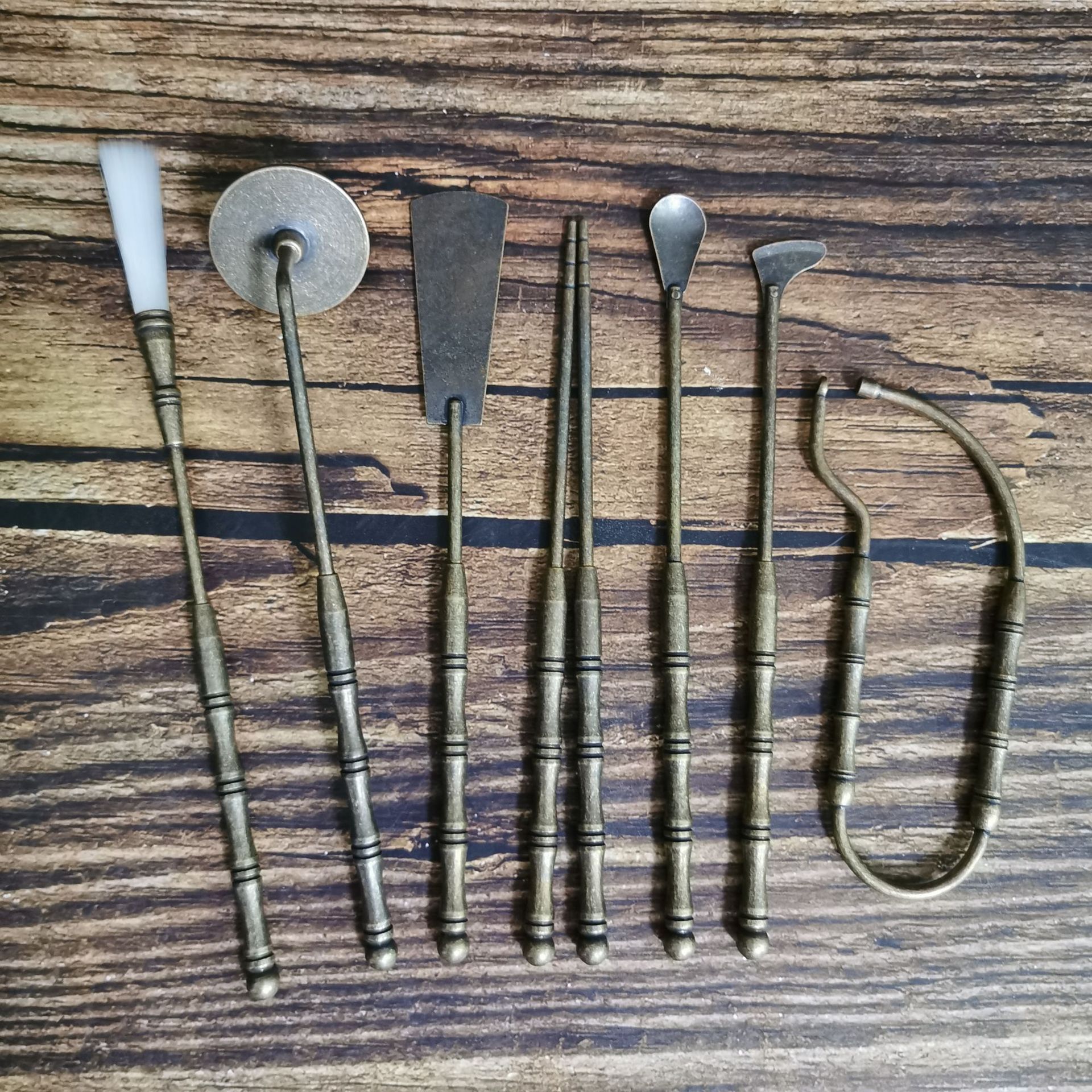 7 (구리 손잡이) 의 골동품 오래된 청동 향 세트