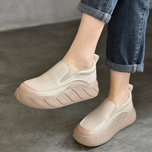2024 Spring New Genuine Leather Shoes Light Thick-soled Slip-on Lazy Shoes Round Toe Medium Heel Retro Casual Shoes for Women