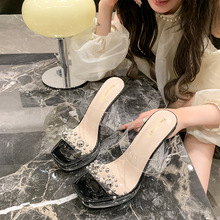 2024夏季新款珍珠透明带圆头防水台时尚粗跟超高跟休闲时装凉鞋女