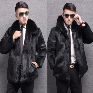 Imitation mink coat men's fur coat mid-length fox fur collar fur one-piece mink fur warm hooded