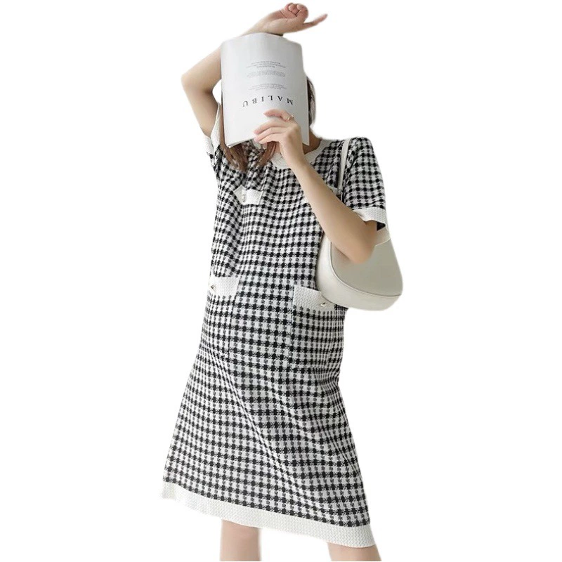 2023 летнее платье Свободная тонкая вязаная юбка с круглым вырезом и короткими рукавами Удобное платье для беременных средней длины