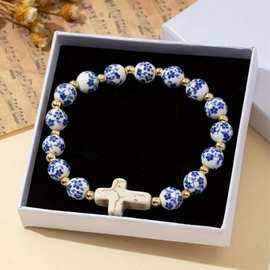 景德镇青花瓷陶瓷串珠手链女国风国潮旅行小金豆松石十字架串珠