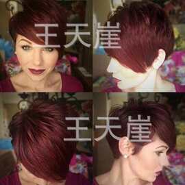 欧美新款跨境假发斜刘海酒红色短直发偏分非洲假发玫瑰网现货批发