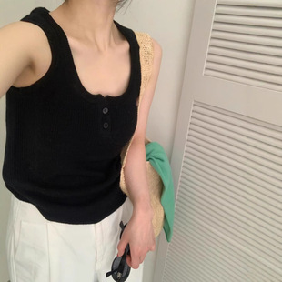 2025 Spring New Button Design U-Neck Stacked Sleeveless Knitted Vest Wide Shoulder Strap Sling Inner Base