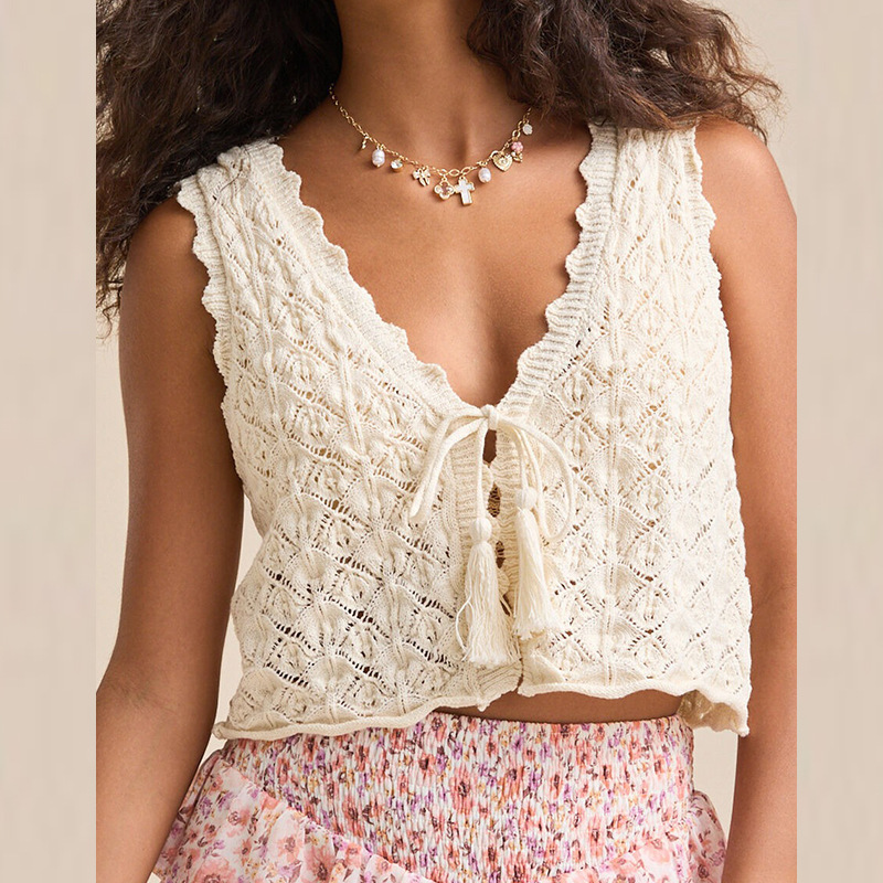 2025 New Pure Color Fancy Crochet Cut Out Lace Knitted Vest Women's V Neck Short Casual Vest 2508