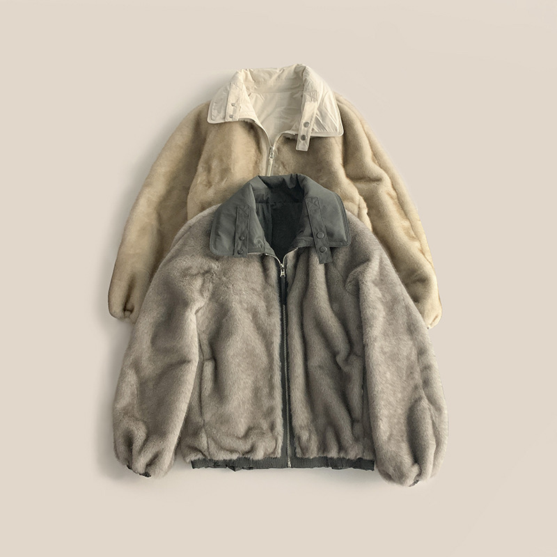 Reversible Plush Jacket for Winter, Stand-Up Collar, Woven Exterior, Faux Fur Lining, Loose Fit, Stylish and Warm Coat