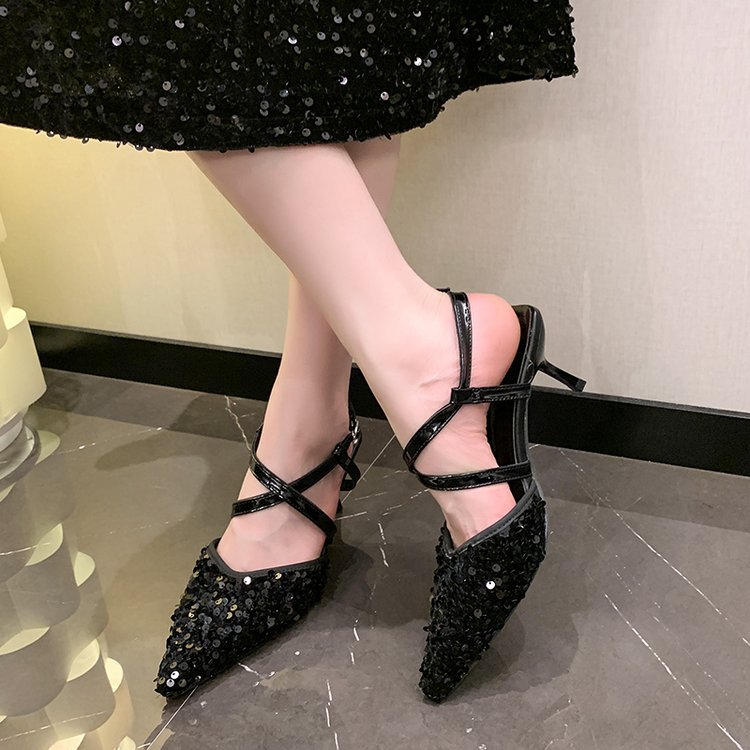 2024 Spring and Summer New Black Sequin Strappy High Heels Women's Stiletto Sandals Pointed Toe Baotou Single Shoes Sexy Sequins_voghion.com
