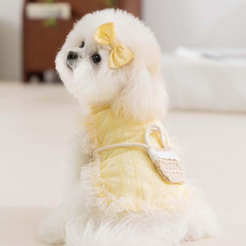 Chaleco de bolso de encaje pastoral tranquilo amarillo perro pequeño bichón peluche mascota perro sin mangas perrito ropa image 3