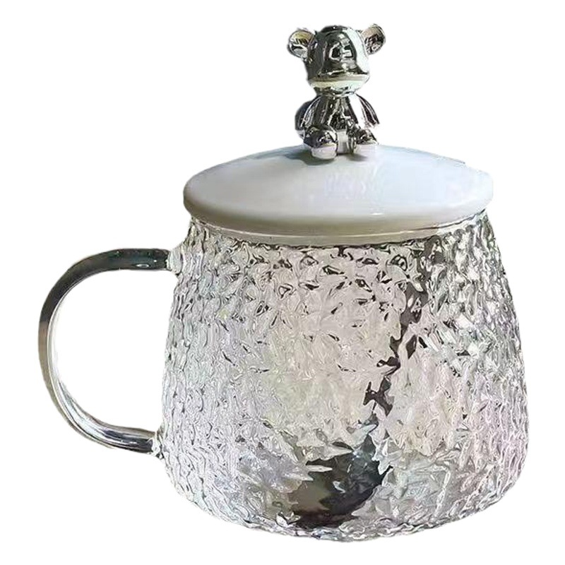 Taza de vidrio con tapa y cuchara, resistente al calor, diseño de oso, ideal para desayuno u oficina