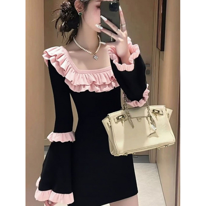 2025 New Ladylike Style Ruffled Square Neck Dress for Women Black Long-Sleeved Waist Slimming Look Trumpet Sleeve Short Skirt