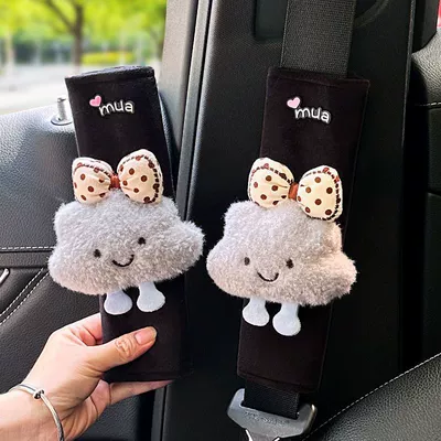 Cute Cloud-Shaped Plush Seatbelt: Seat belt shoulder pad - polka-dot-bow-smiley-cloud-black-plush-shoulder-pad-set-pair-black-short-velvet-257cm-mua-gray-cloud-style