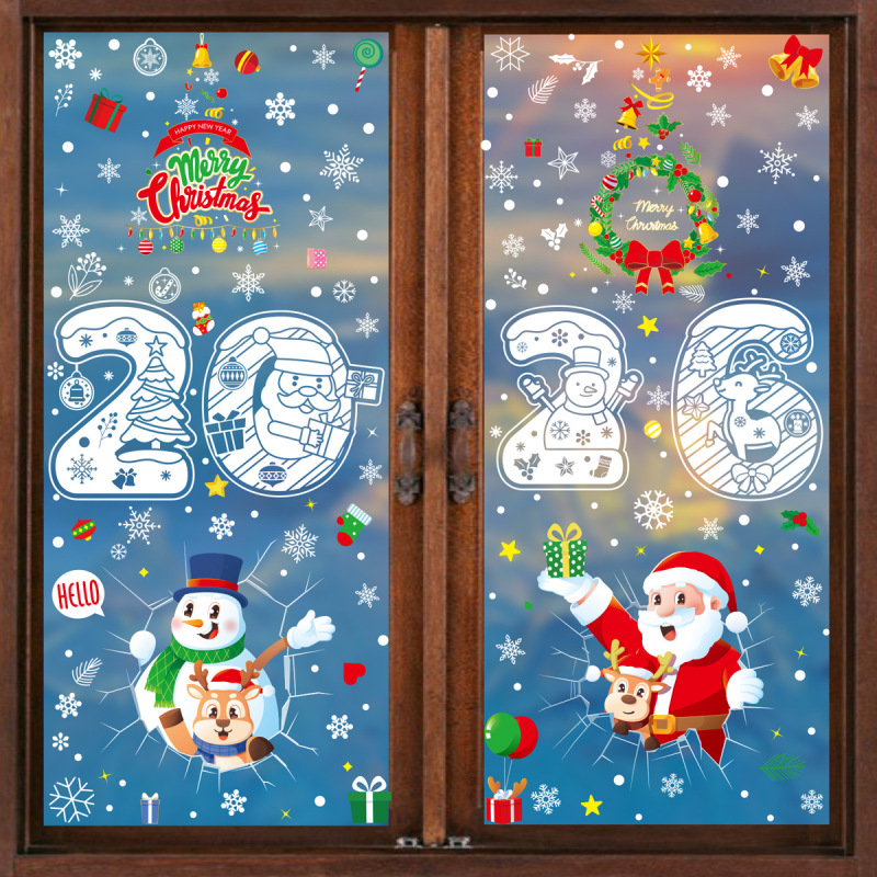 メリークリスマスステッカークリスマス製品ホワイトスノーフレーク静電ステッカーサンタヘラジカ雪だるまウィンドウステッカー卸売|undefined