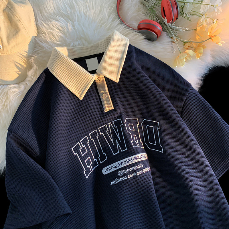 Camiseta de Polo de manga corta de estilo americano de los hombres de verano delgada marca de moda suelta más el tamaño superior ropa ins moda todo partido camiseta de media manga