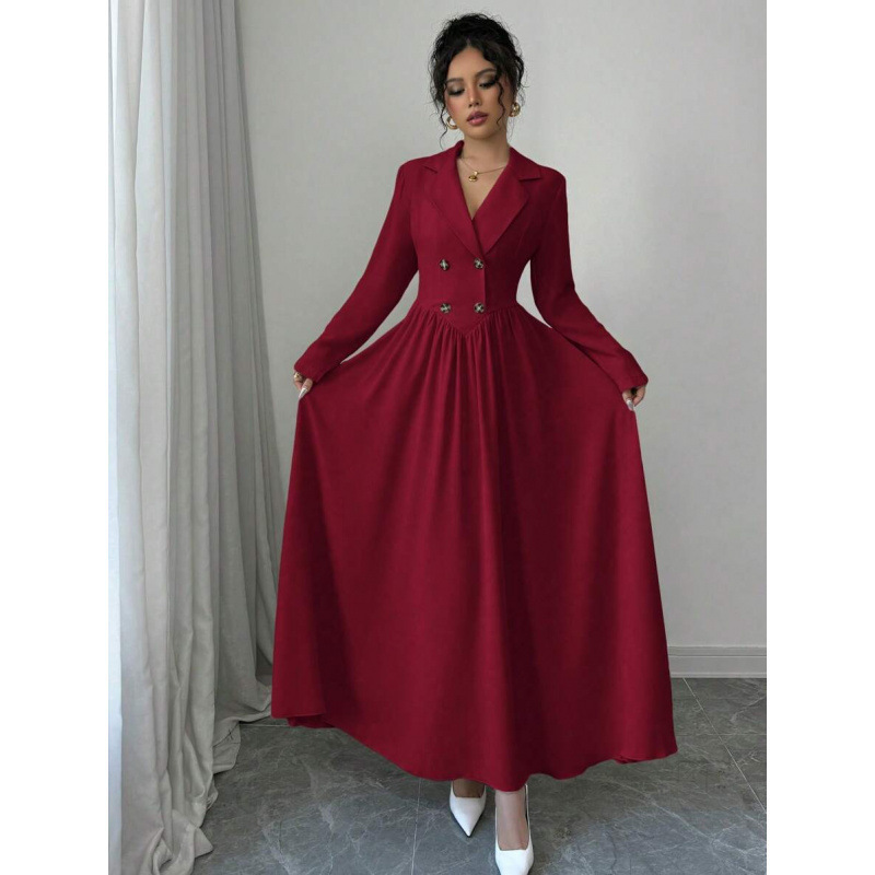 Cross-border Amazon European and American autumn elegant double-breasted long-sleeve A-line loose-fitting waist-slimming pleated dress for women