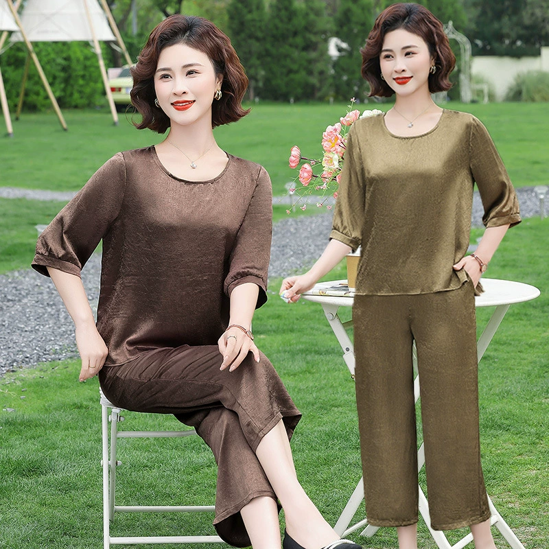 Летний новый модный костюм для среднего и пожилого возраста, топ с круглым вырезом, большие размеры, повседневный свободный комплект из двух предметов в стиле мамы с короткими рукавами
