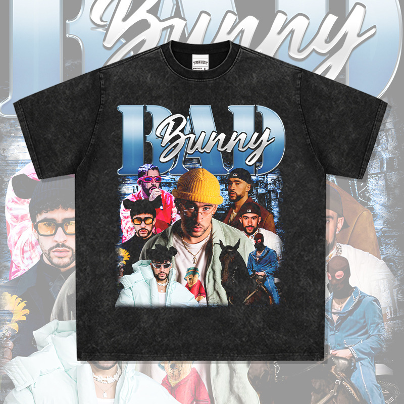 Cross-Border Retro Hip-Hop Bad Rabbit Barb Bunny Printed Short-Sleeved T-Shirt Heavy Long-Sleeved Round Neck Hooded Sweatshirt