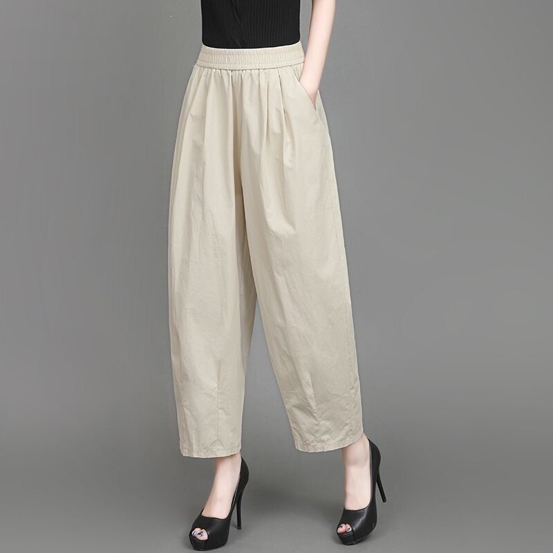 Plus Size [Thin Style] Cotton Elastic Waist High-Waisted Loose Cropped Pants for Women, New Summer Style Lantern Work Pants, Solid Color