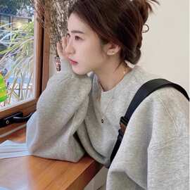 圆领卫衣女宽松2026新款秋冬季加绒加厚无帽浅灰色女款巨好看上衣