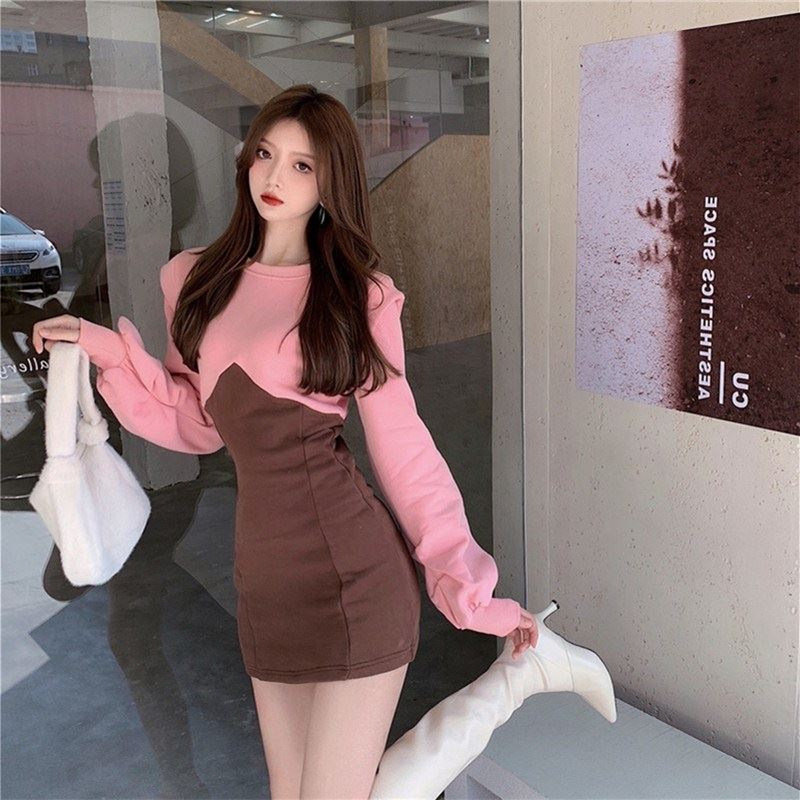 秋冬韩版甜美辣妹风小个子收腰显瘦气质打底内搭包臀卫衣连衣裙潮
