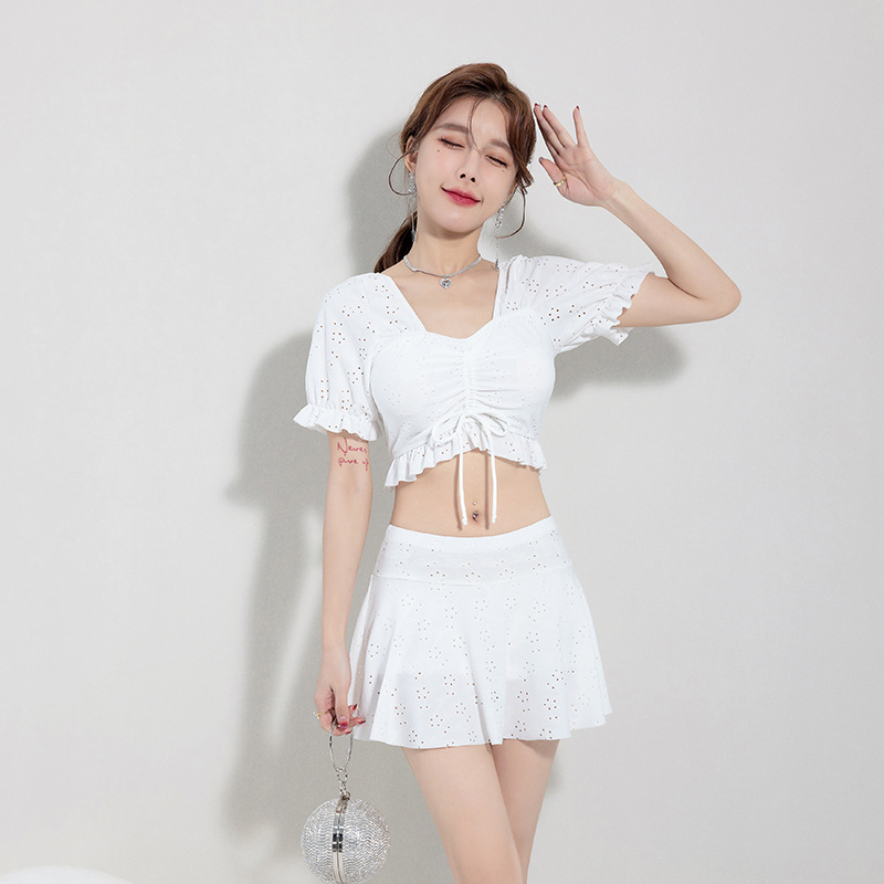 2025 swimsuit women's split solid color slim two-piece set of conservative high waist for swimming pool training swimming suit wholesale