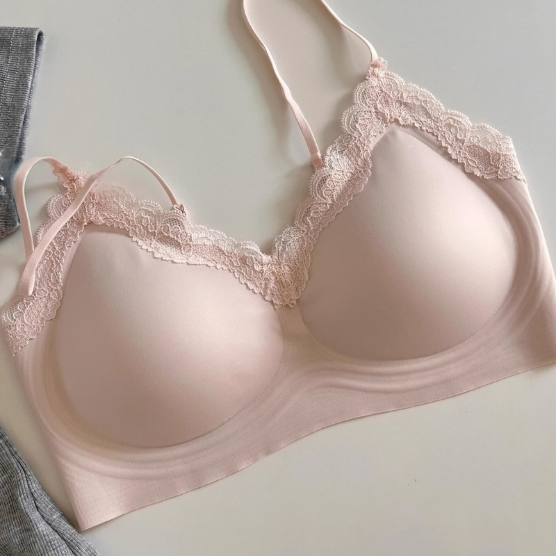 小さな胸の女性向けのシームレスレースゼリーストリップブラ、美背中、細い肩紐ブラ、夏用薄手、高級感|undefined