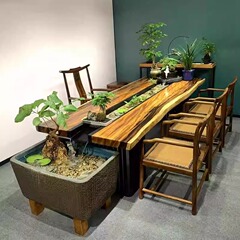 カスタマイズされた新しい中国風の流水ティーテーブル風景一体型循環無垢材魚釣りティーテーブル禅大板ログティーテーブルと椅子