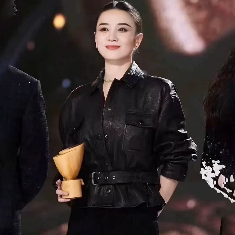 Song Jia Same Style Leather Coat Litchi Pattern Sheepskin Lapel Shirt Style Star Style Slim-fit Leather Coat Women