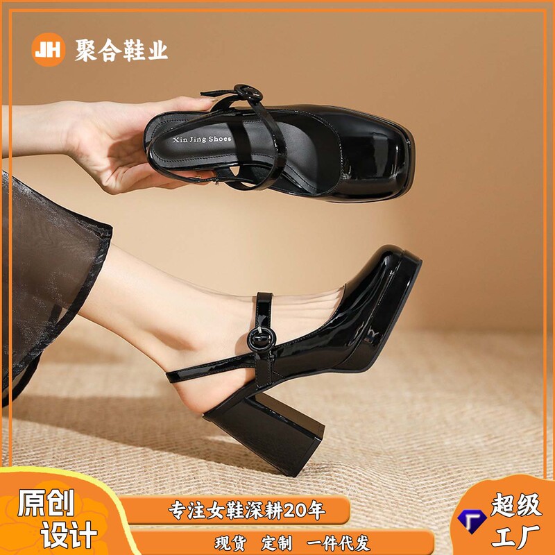 352 9-21 fairy style square toe patent leather chunky heel Mary Jane single-layer shoes new one-strap low-cut high heels women's shoes