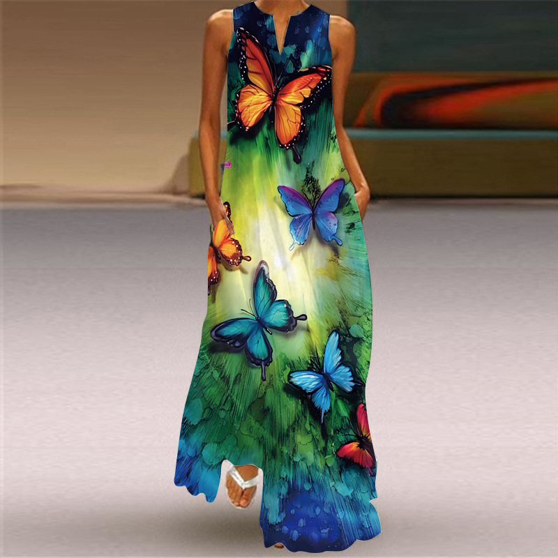 Robe longue sexy sans manches imprimée multicolore à col en V, style rétro européen et américain, collection été 2026_voghion.com