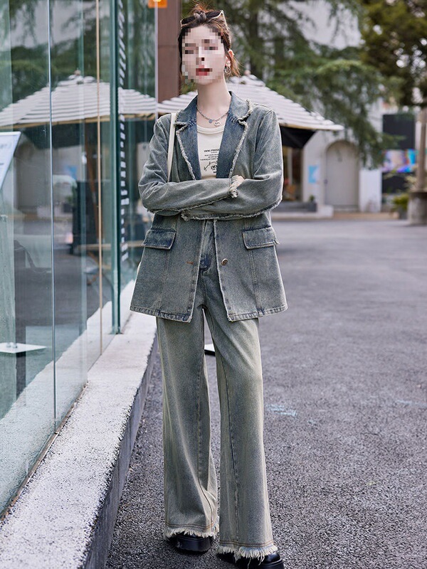 Retro Style Denim Suit for Women, Spring and Autumn New Style Blazer, Wide-Leg Trousers, Tassel Two-Piece Set