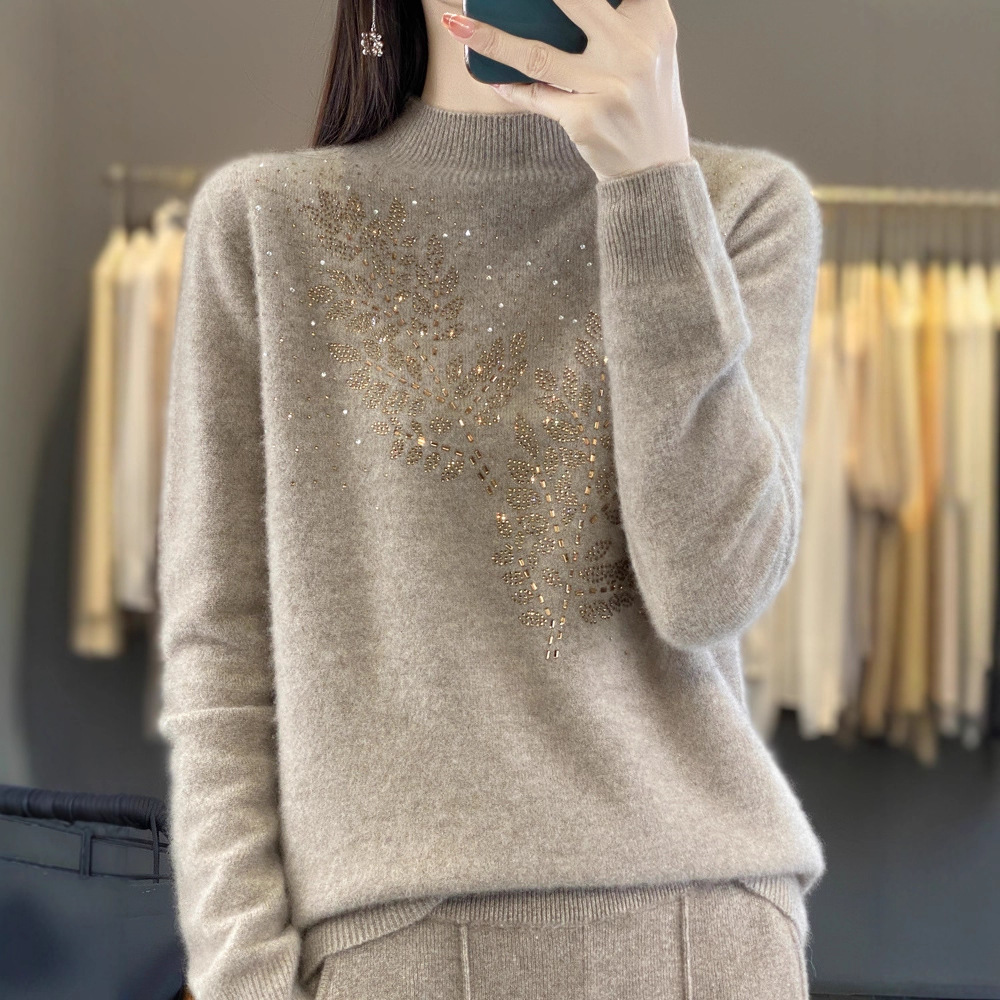 秋冬烫钻毛衣100%纯羊毛衫女半高领中老年妈妈装羊绒打底衫