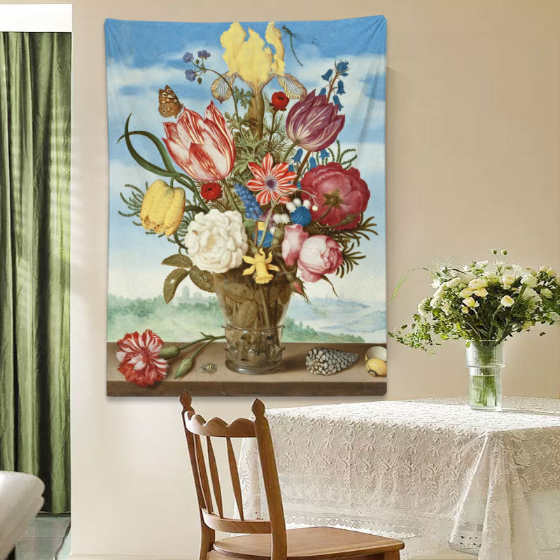 レトロな花柄油絵タペストリー、リビングルーム装飾用壁掛け布、欧米風アート壁掛け布、背景壁布、遮蔽布|undefined