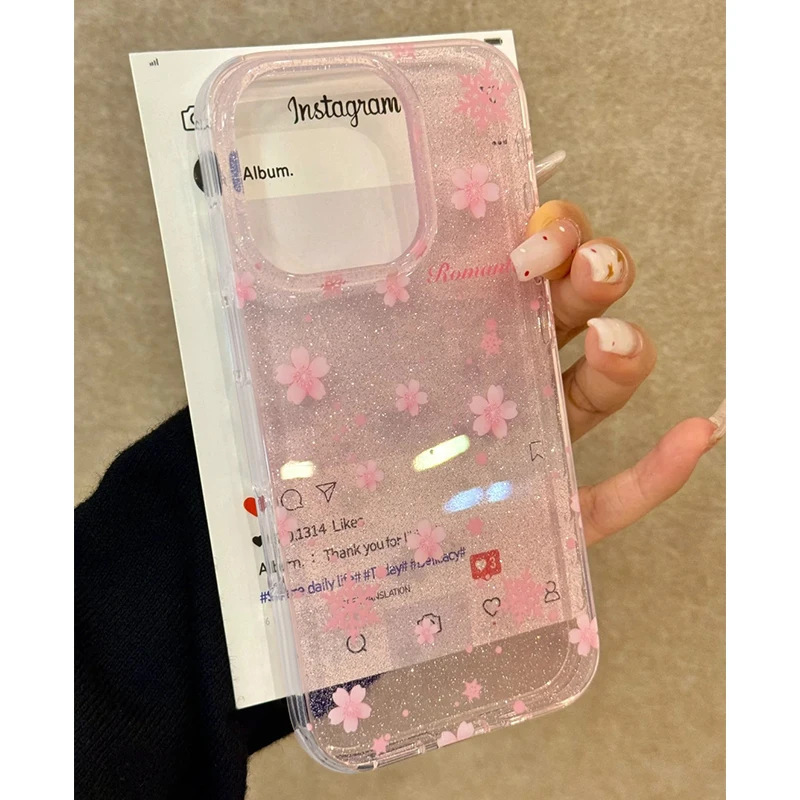 Ins Glitter Cherry Blossom Apple 18/17Promax Mobile Phone Case Iphone15 Beautiful 16 Transparent 14 Fresh Soft Case