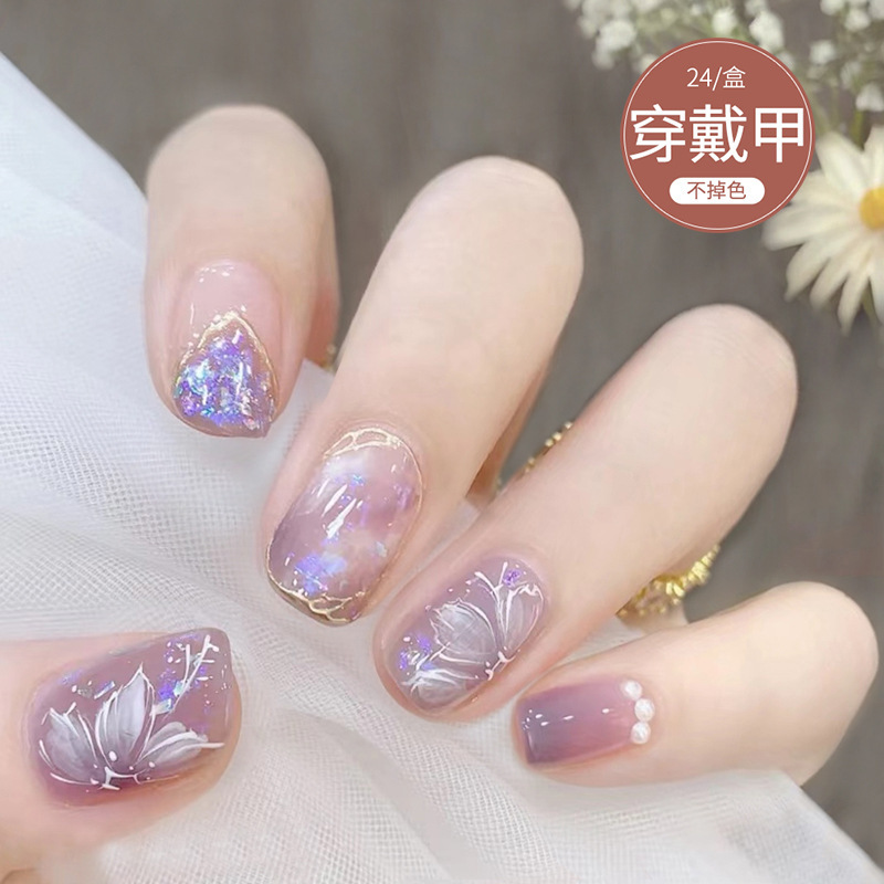 D067 Fake Nail Sticker Wear Nail Art Finished Nail Piece Nail Patch Purple Pearl Camellia Detachable Wear