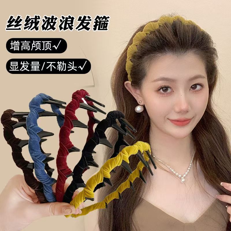 秋冬复古彩色丝绒波浪倒插梳带齿发箍正反两戴波浪韩版高颅顶头箍|undefined