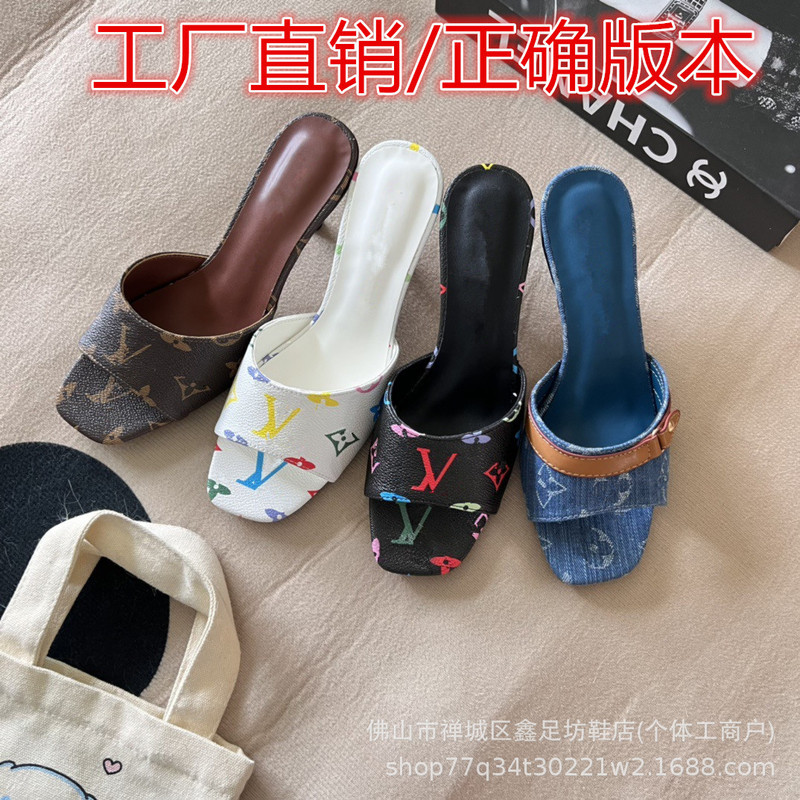 European and American 2026 Spring/Summer New Denim Open-Toe Sandals for Women with Printed Cat Heel High Heels Classic Women's Shoes