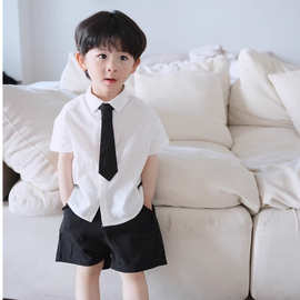 官图男童短袖套装中小童洋气韩版白色衬衫学院风帅气衬衣两件套