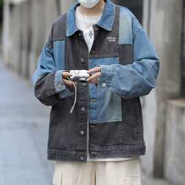 设计感撞色拼接水洗做旧牛仔外套男春秋潮牌美式宽松休闲翻领夹克