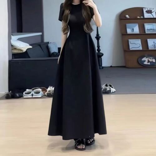 French retro long dress, women's summer new style, waist, slimming, high-end, Hepburn style, black thin suit dress
