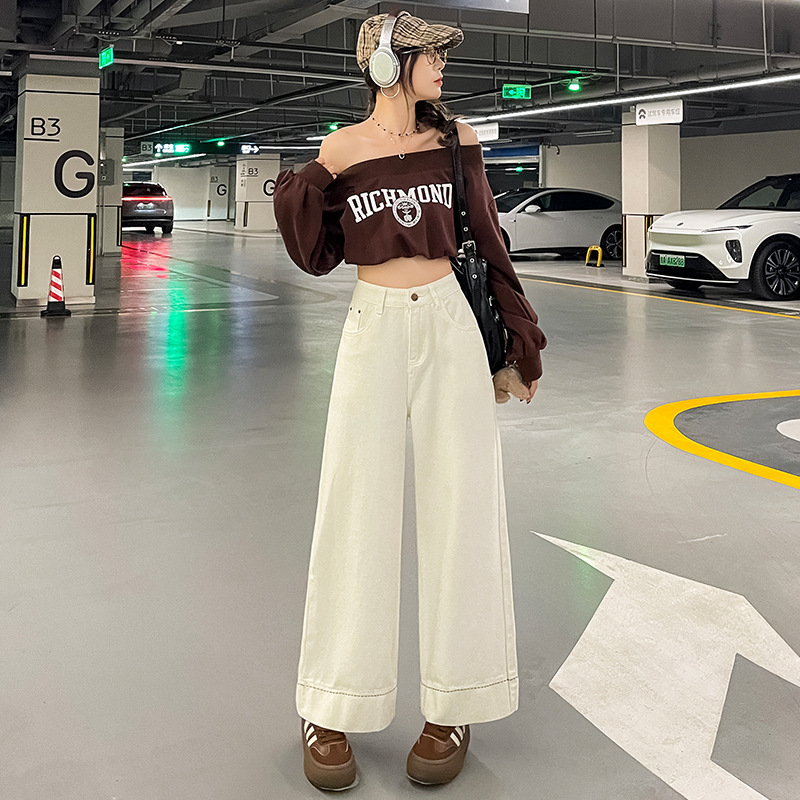 丹寧藍闊腿牛仔褲女2025春秋新款高腰直筒寬鬆垂感小個子九分褲子