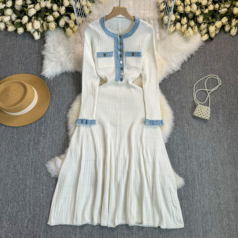 European and American Style New Long-Sleeved Denim Knitted Dress, Simple and Elegant Long Skirt, Slim-Fitting Long-Sleeved Sweater Dress European and American Style New Long-Sleeved Denim Knitted Dress, Simple and Elegant Long Skirt, Slim-Fitting Long-Sleeved Sweater Dress