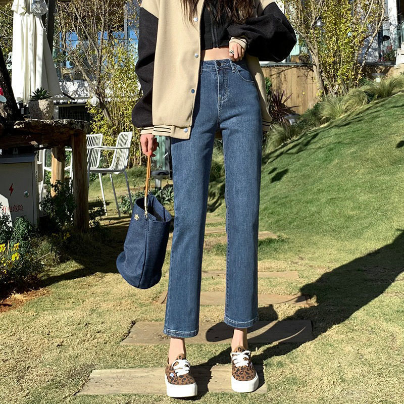 Casual College Style Women's Jeans Spring and Autumn Cropped Pants Petite High-Waisted Straight Pants Slim Fit Cigarette Pants