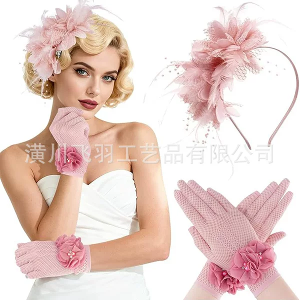 Amazon Flower Headband Hat Tea Party Gloves Set Wedding Cocktail Dress Feather Pearl Headband Hair Accessories