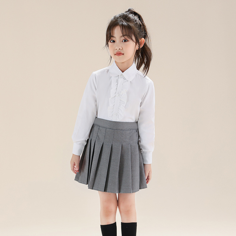 Niñas camisas de cinturón de 2 piezas set de encaje de pecho para niños camisa blanca de estilo universitario camisa de primavera y otoño