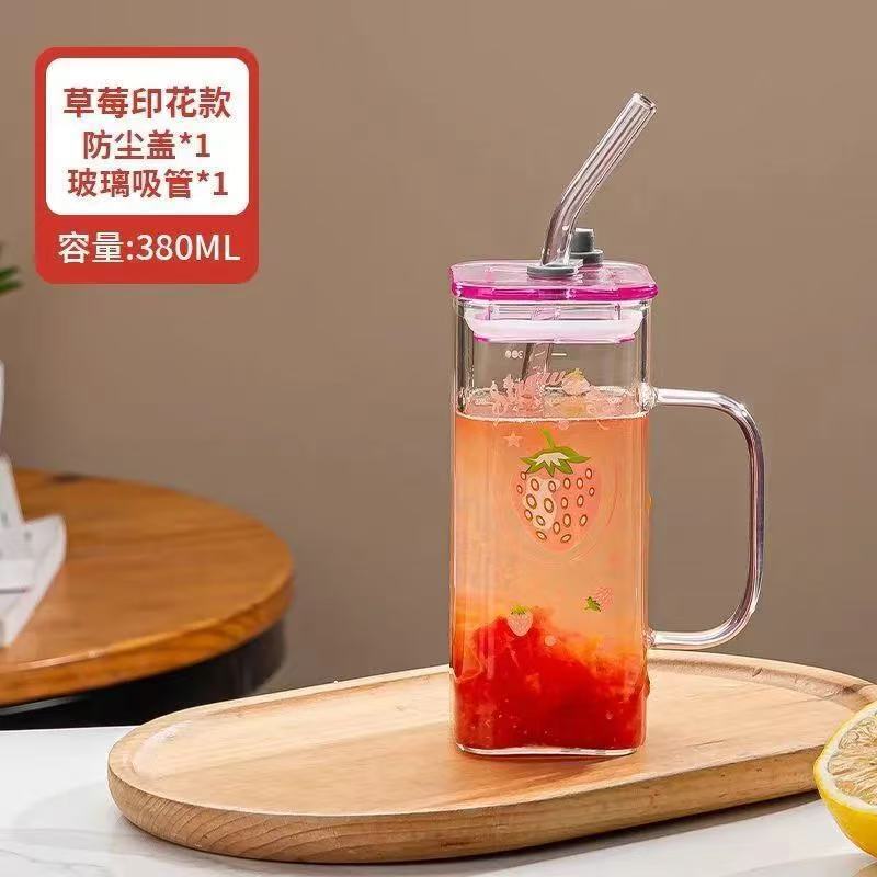 高ホウ素シリコンガラスの四角いコップのジュースのリボンは蓋のストローの杯の花のお茶の角の杯の耐熱の家庭の目盛りのコップを持ちます。|undefined